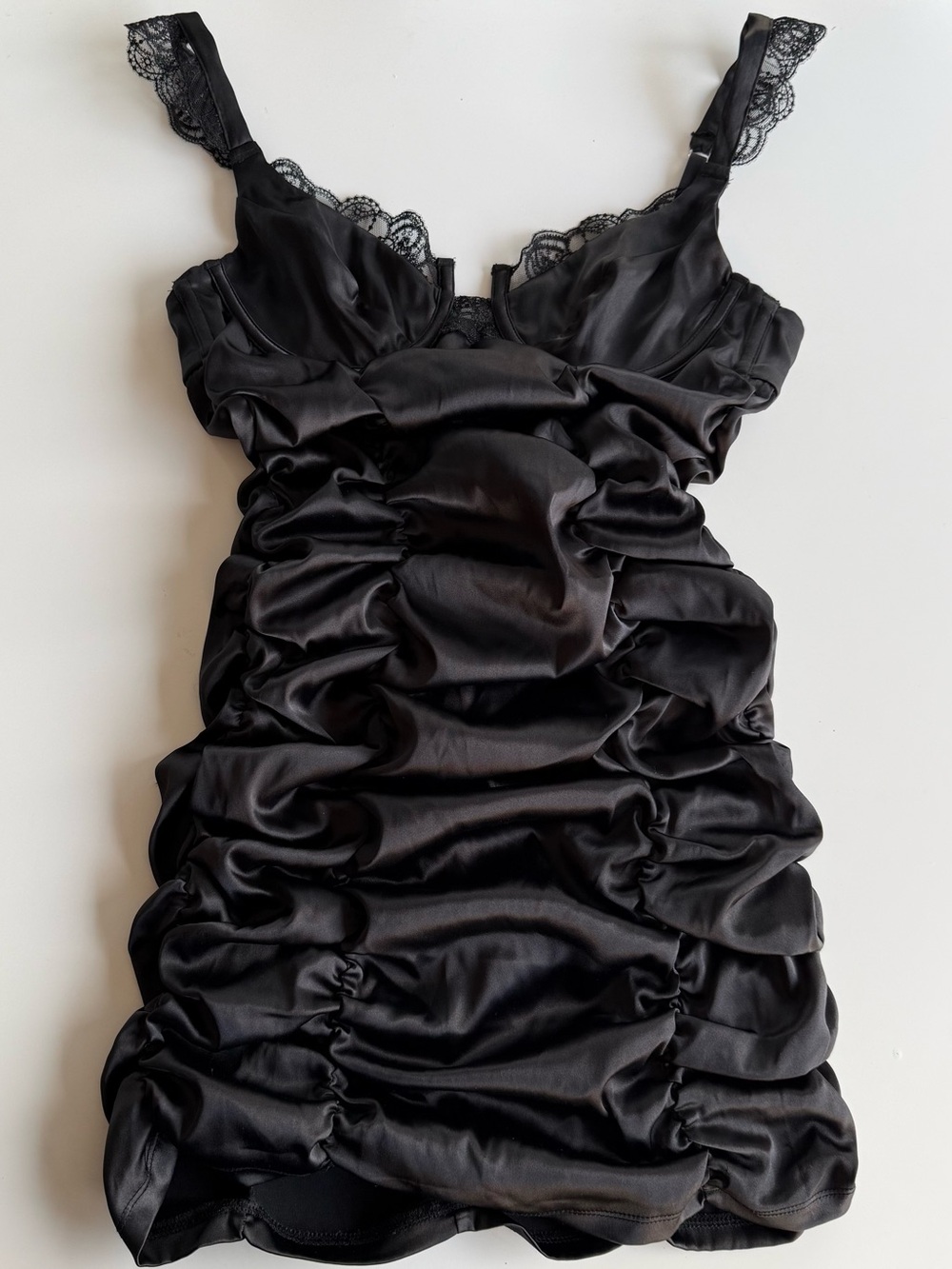 For Love & Lemons Black Satin Lace Ruched Mini Dress NWT Small